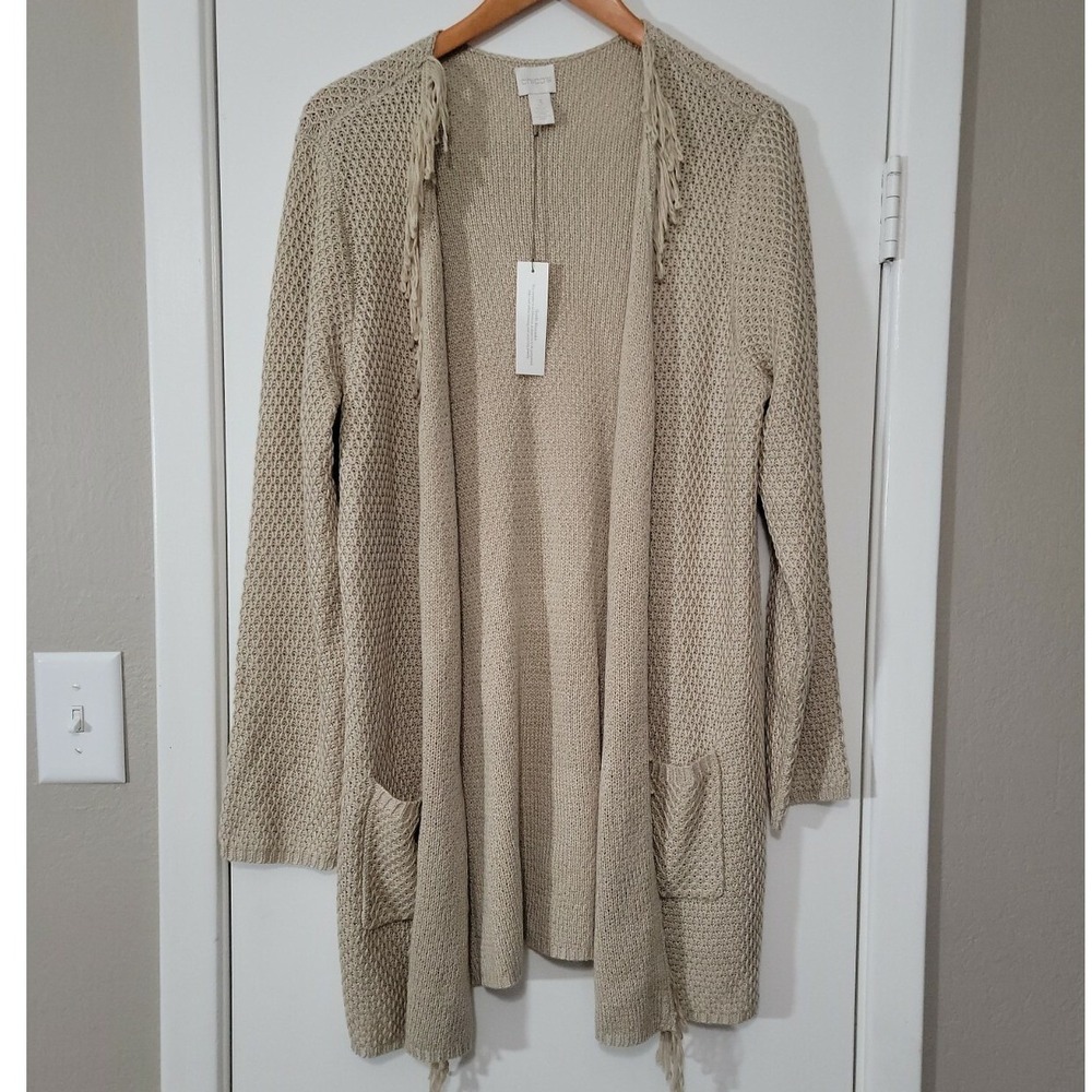 CHICO'S Crochet Knit Open Cardigan Fringe Trim Womens XL Sz 3 Tan NEW